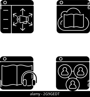 Launching online services black glyph icons set on white space Stock Vector