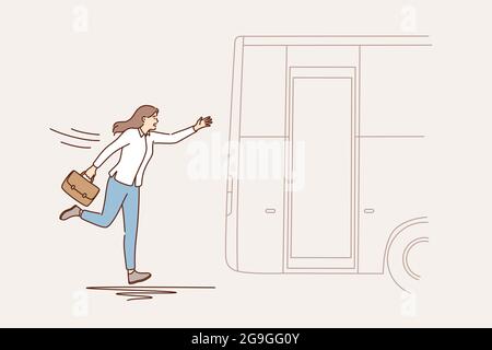 Lateness and lack of time concept. Business woman cartoon character running trying to catch leaving bus outdoors vector illustration Stock Vector