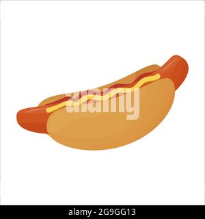 Tasty, colorful hotdog with sausage and mustard isolated on white background. Traditional fast food, design element. Vector illustration Stock Vector