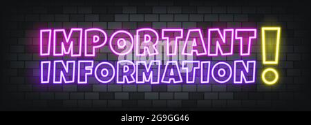 Important infornation neon text on the stone background. Important information. For business, marketing and advertising. Vector on isolated background Stock Vector
