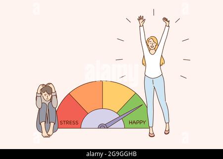 Stress and exhaustion overload concept. Stress levels reduced through concept of problem solving female character enjoying life and feeling totally tired vector illustration  Stock Vector