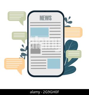 Smartphone with news on screen and speech bubbles around, chatting isolated on white background stock vector illustration. Vector illustration Stock Vector
