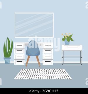 Modern interior with makeup, make up table, mirror. Room, saloon beauty place. Empty in flat style. . Vector illustration Stock Vector