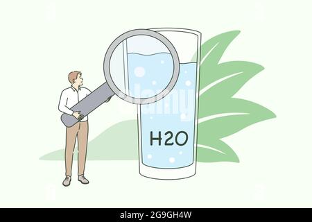 Clear drinking water and lifestyle concept. Small man standing holding magnifying glass with glass of water and formula for healthy lifestyle vector illustration  Stock Vector
