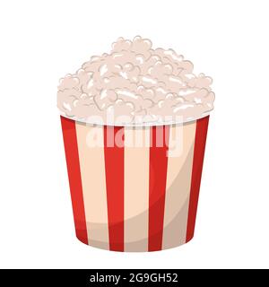 Popcorn in striped box, container isolated on white background. Fast food, delicious snack in flat style. Vector illustration Stock Vector