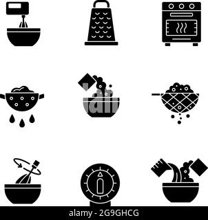 Food cooking instruction black glyph icons set on white space Stock Vector