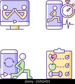 Online fitness wellness programs RGB color icons set. Stock Vector