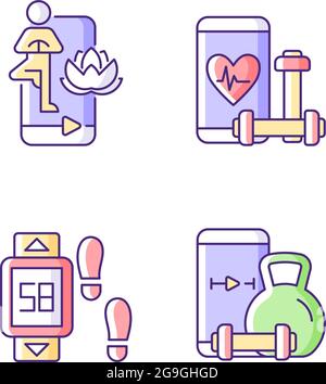 Online fitness yoga classes RGB color icons set. Stock Vector