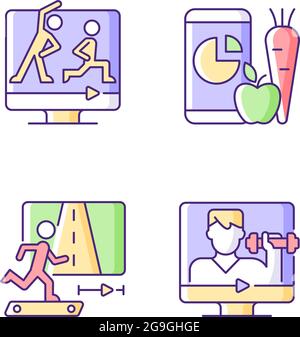 Online fitness coach RGB color icons set. Stock Vector