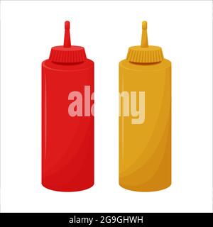 Ketchup and mustard isolated on white background in flat style stock objects. Plastic bottles in red and yellow colour. Tube with sauce for fast food. Vector illustration Stock Vector