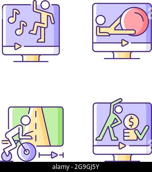Online fitness athletic trainings RGB color icons set. Stock Vector