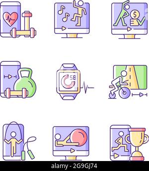 Online fitness training apps RGB color icons set. . Stock Vector