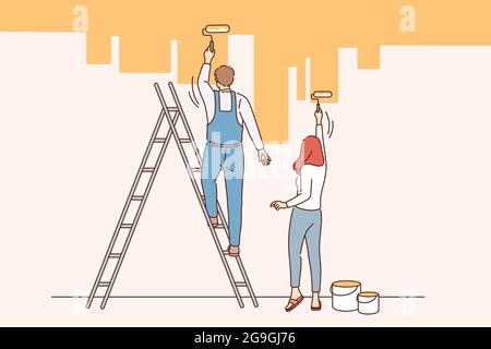 Home renovation and repairing concept. Young couple man and woman standing backwards painting wall in new apartment in yellow vector illustration Stock Vector