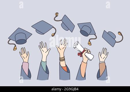 Getting education and learning concept. Hands of students university graduates lifting bonets in air holding diploma celebrating graduation vector illustration  Stock Vector