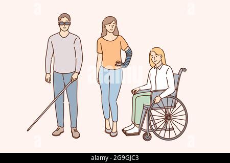 Happy lifestyle of disabled people concept. Young smiling people on wheelchair, blind with special stick and broken arm standing together enjoying life vector illustration  Stock Vector