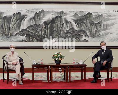 Beijing, China. 26th July, 2021. U.S. Deputy Secretary of State Wendy Sherman (L) meets with Chinese Foreign Minister Wang Yi in Tianjin, on Monday, July 26, 2021. Beijing has indicated that the U.S. is treating China as an 'imaginary enemy' after the meeting between top diplomats Sherman and Wang. Photo by U.S. State Department/ Credit: UPI/Alamy Live News Stock Photo