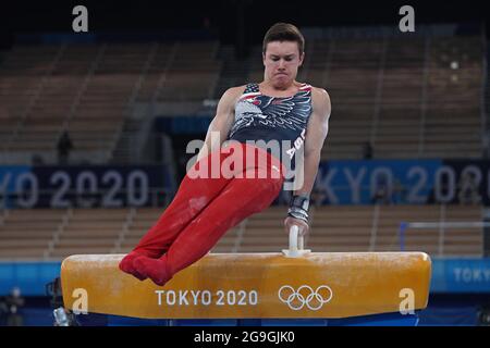 Tokyo, Japan. 26th July, 2021. United States Gymnast Brody Malone during the Men's Team Final at Ariake Gymnastics Centre at the Tokyo Olympic Games in Tokyo, Japan, on Monday, July 26, 2021. Photo by Richard Ellis/UPI. Credit: UPI/Alamy Live News Stock Photo
