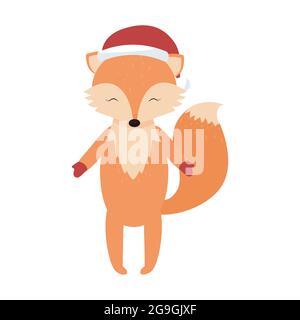 Cute fox in Scandinavian style with Christmas hat isolated on white background. Happy woodland character for greeting. Vector illustration Stock Vector