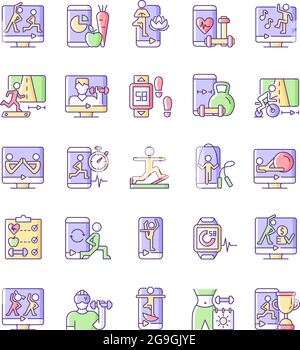 Online fitness apps possibilities RGB color icons set. Stock Vector