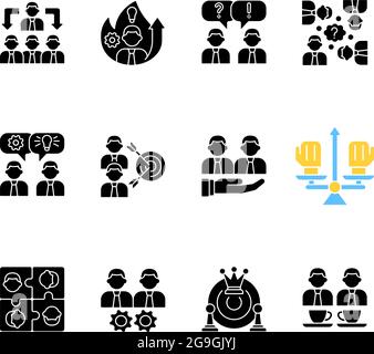Teamwork related black glyph icons set on white space Stock Vector
