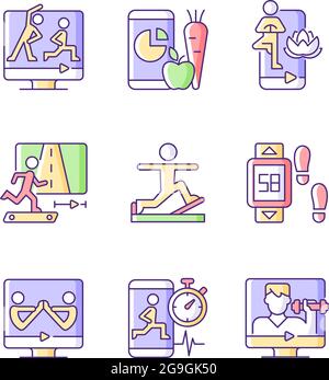 Online fitness classes RGB color icons set. Stock Vector
