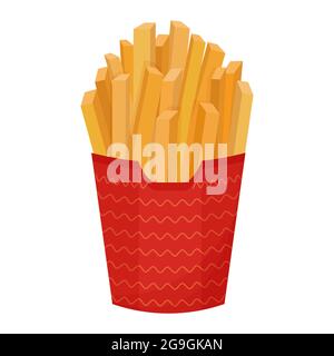 A pile of french fries, full red paper pack, isolated fast food on white background. Delicious, colorful snack, object. . Vector illustration Stock Vector