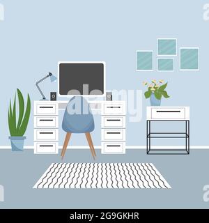 Modern interior of workplace with table, monitor, lamp, plants. Elegant colours, education or work concept. Indoor cabinet, stylish. Empty room. Vector illustration Stock Vector