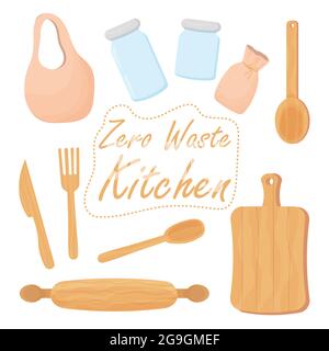 Set kitchen zero waste objects isolated on white background. Eco friendly, reusable elements from glass, wooden, bamboo. Vector illustration Stock Vector
