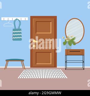 Vector interior of home hallway with furniture in cartoon flat style. Template of entrance of house door, mirror, white furniture in minimalist style. Vector illustration Stock Vector
