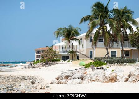 The view of rocky Seven Mile beach  on Grand Cayman island (Cayman islands). Stock Photo