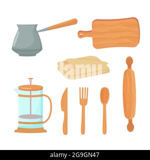 Kitchen zero waste set, collection of ecological elements isolated on white background. Reusable material, eco-friendly concept. Vector illustration Stock Vector
