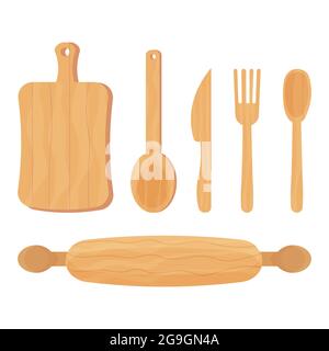 Set of Cooking wooden kitchen tools spoon, knife, fork, rolling pin isolated on white background. Ecological material, reusable. Vector illustration Stock Vector