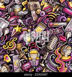 Cartoon doodles Audio content seamless pattern. Stock Vector