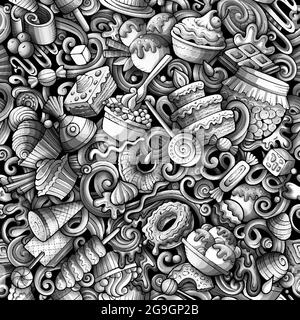 Cartoon doodles Desserts seamless pattern. Stock Vector