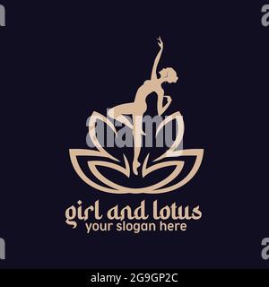 girl and lotus, woman doing gymnastics white color logo exclusive design inspiration Stock Vector
