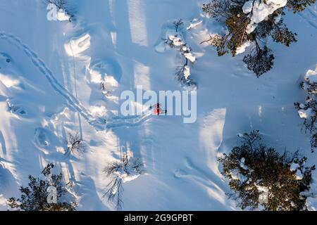 Santa walking in snow covered forest Stock Photo