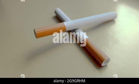 Two cigars on a silver background. Filtered cigarettes. Tobacco can cause numerous damage to the body. Stock Photo