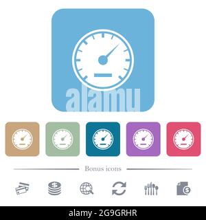 Speedometer solid white flat icons on color rounded square backgrounds. 6 bonus icons included Stock Vector