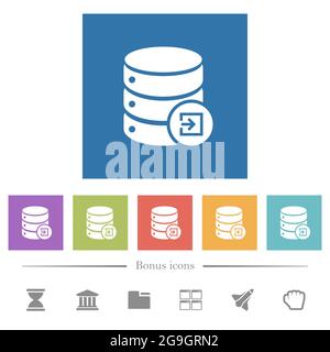 Import database flat white icons in square backgrounds. 6 bonus icons included. Stock Vector