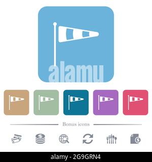 Windsock indicator solid white flat icons on color rounded square backgrounds. 6 bonus icons included Stock Vector