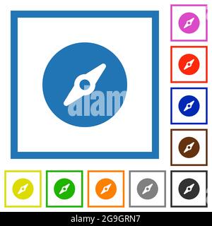 Simple compass solid flat color icons in square frames on white background Stock Vector