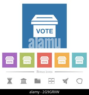 Ballot box solid flat white icons in square backgrounds. 6 bonus icons included. Stock Vector