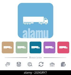 Camion side view white flat icons on color rounded square backgrounds. 6 bonus icons included Stock Vector
