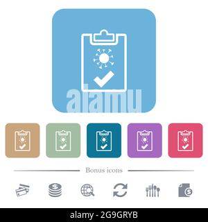 Covid test passed white flat icons on color rounded square backgrounds. 6 bonus icons included Stock Vector