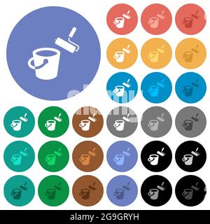 Paint bucket and paint roller multi colored flat icons on round backgrounds. Included white, light and dark icon variations for hover and active statu Stock Vector