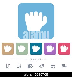 Left handed grab gesture white flat icons on color rounded square backgrounds. 6 bonus icons included Stock Vector