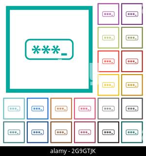 PIN code outline flat color icons with quadrant frames on white background Stock Vector