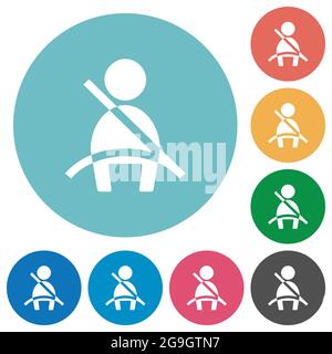 Car seat belt warning indicator flat white icons on round color backgrounds Stock Vector