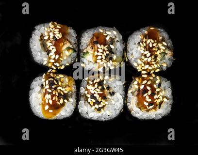 rolls isolated on black background. Photo for the menu. Stock Photo