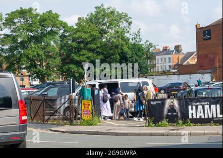 Windsor, Berkshire, UK. 26th July, 2021. Visitors arriving by mini bus in Windsor this morning. Credit: Maureen McLean/Alamy Live News Stock Photo